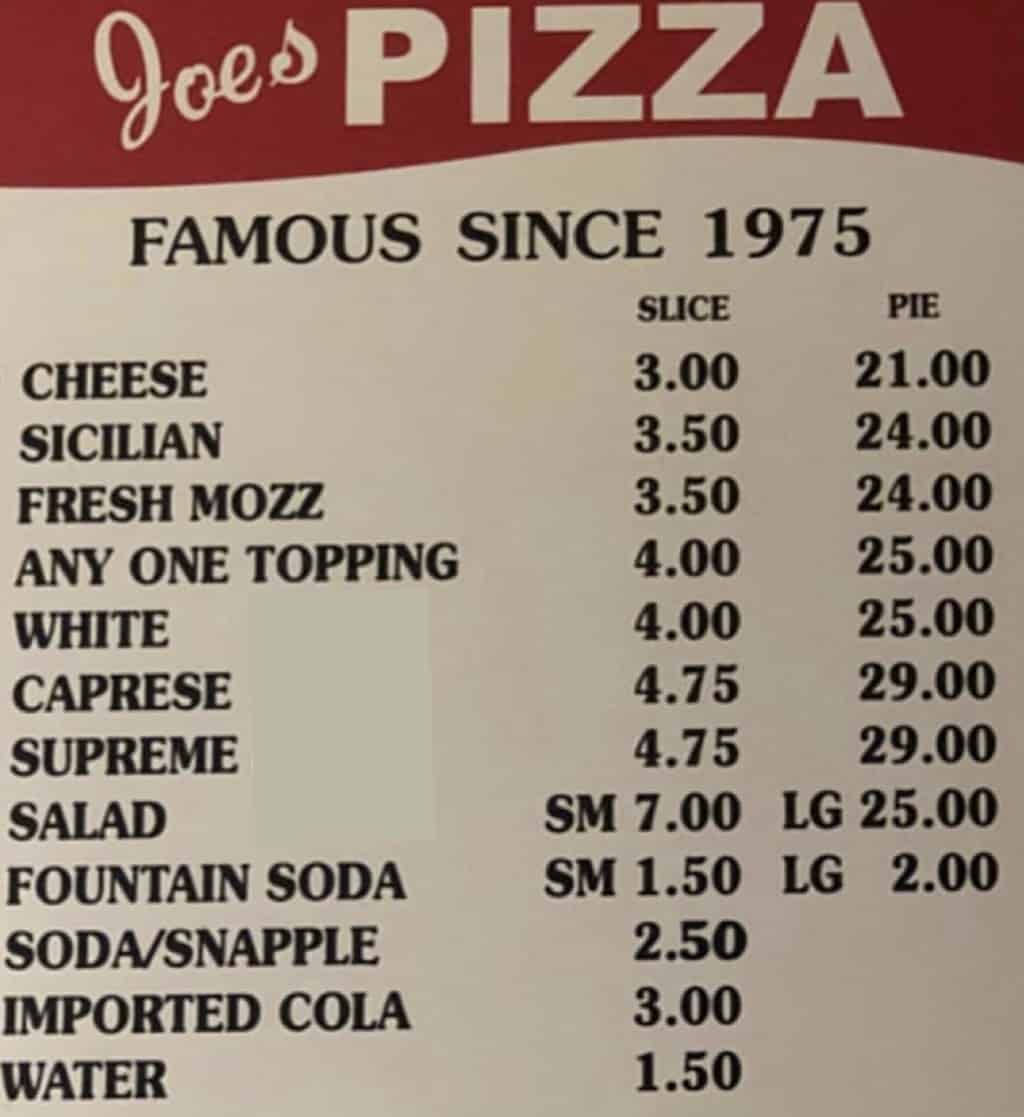 Joe's Pizza Menu