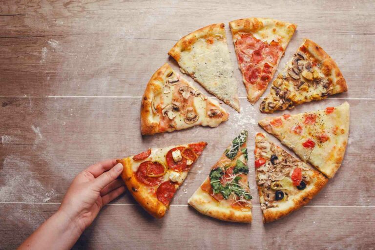 Pizza slices with different toppings