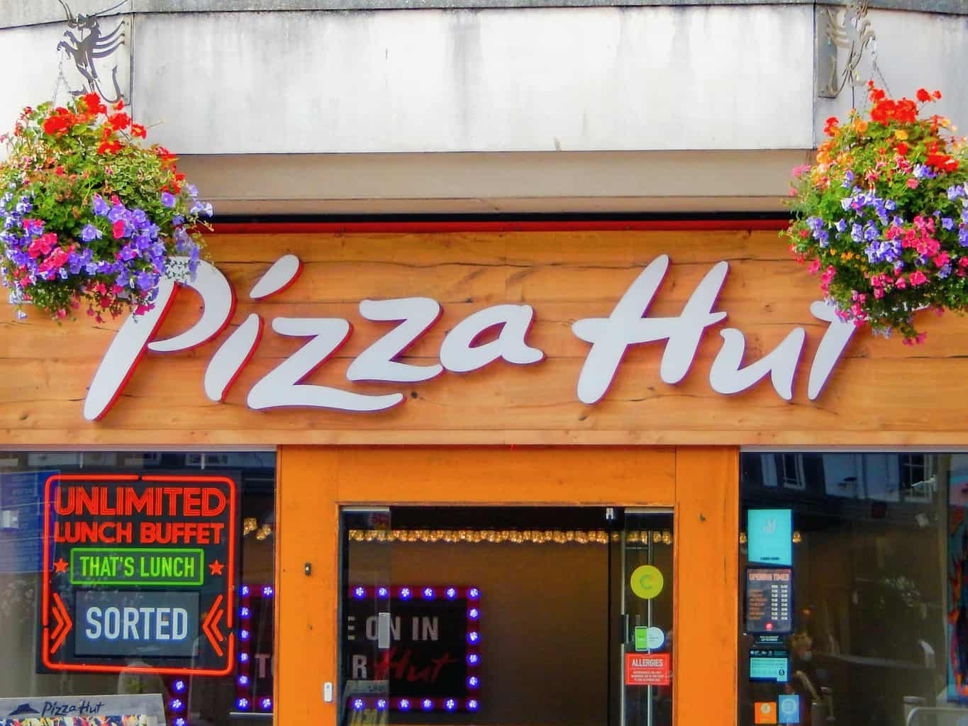 Pizza Hut sign above the entrance in Cardiff, Wales