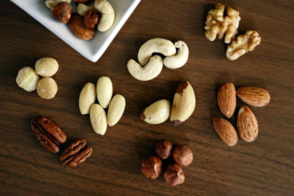 Cashews, almonds, and other nut types on the table